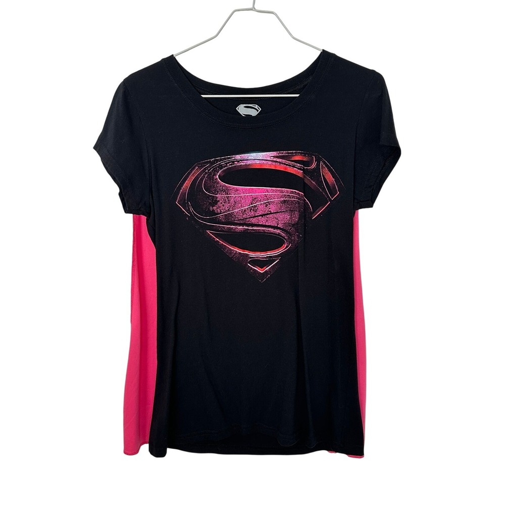 DC Comics Superman Man of Steel Graphic Tee with Detachable Pink Cape Black L